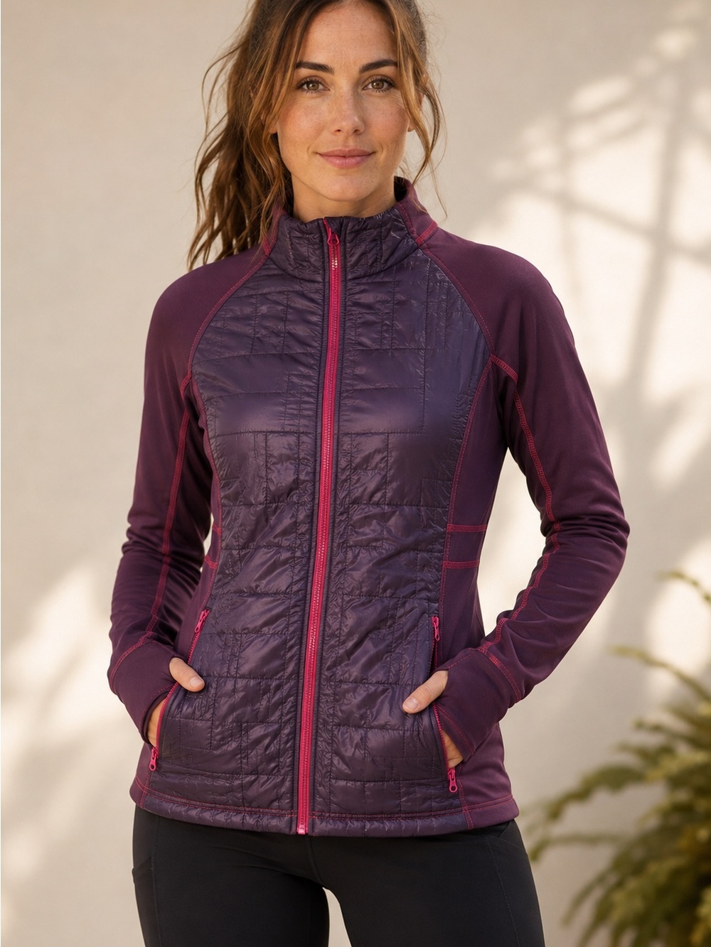 Title Nine Hybrid Quilted Jacket Small Plum Pink Zip Thumbholes Activewear